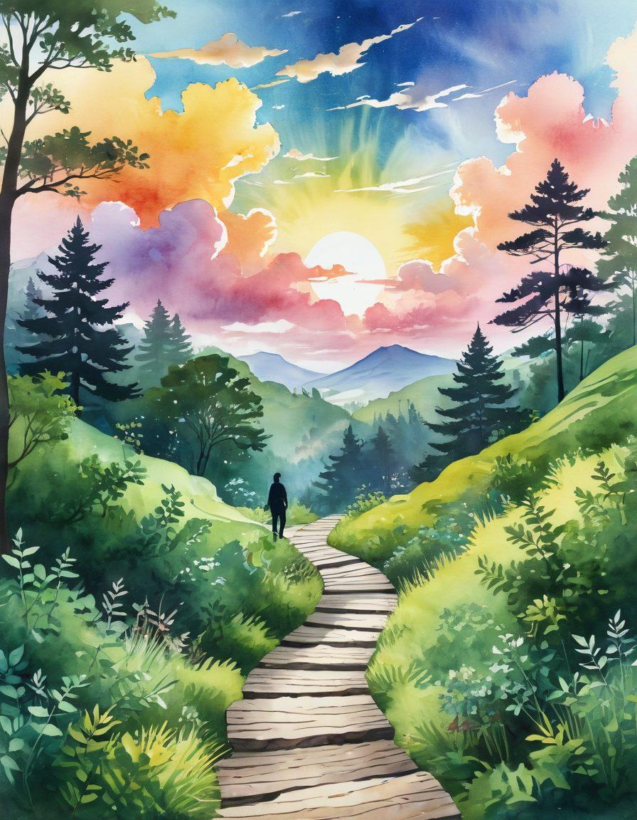 A serene landscape featuring a winding path through lush greenery, symbolizing a journey to wellness. Along the path, icons representing essential tips like food, exercise, and mindfulness are illustrated. The sky above is bright and inspiring, with soft clouds and sunlight breaking through. A silhouette of a person meditating at the path's end signifies personal growth and enlightenment. watercolor style. vibrant colors.