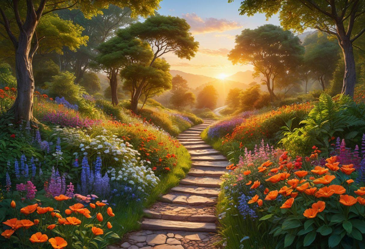 A serene landscape featuring a winding path leading towards a bright sunrise, symbolizing personal growth and enlightenment. Along the path, signs displaying essential resources like books, journals, and meditation tools, each radiating light to signify their importance. An individual with a hopeful expression walking forward, surrounded by nature's soothing elements such as trees and flowers. super-realistic. vibrant colors. inspirational atmosphere.