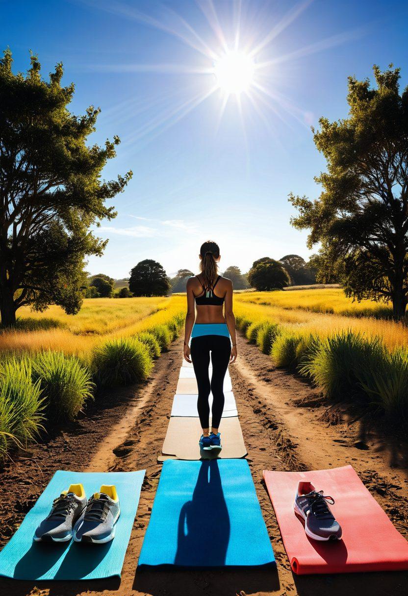 A serene landscape depicting a person standing at a crossroads, symbolizing lifestyle choices. Surrounding them are elements representing healthy living: fresh fruits, yoga mats, and running shoes, set against a bright blue sky and golden sunlight. The person shows a look of contemplation and determination, embodying the journey towards health. vibrant colors. super-realistic.